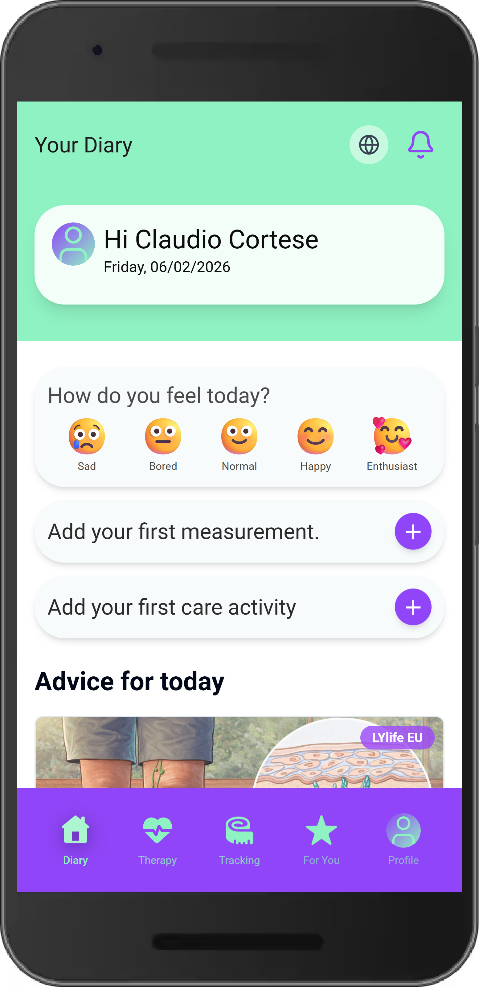 Daily symptom and therapy tracking diary interface