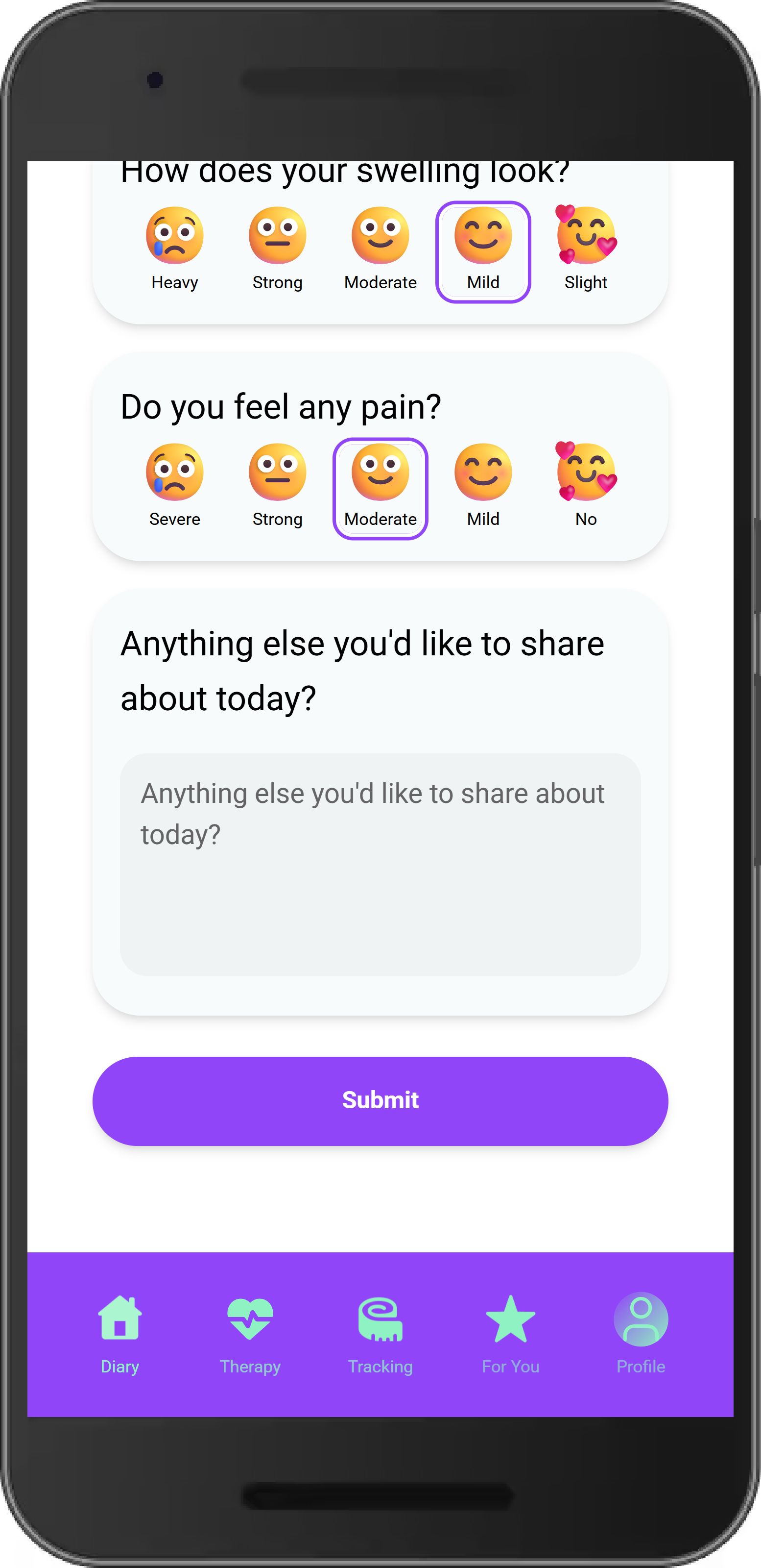 Emotional and feeling log with mood tracking options