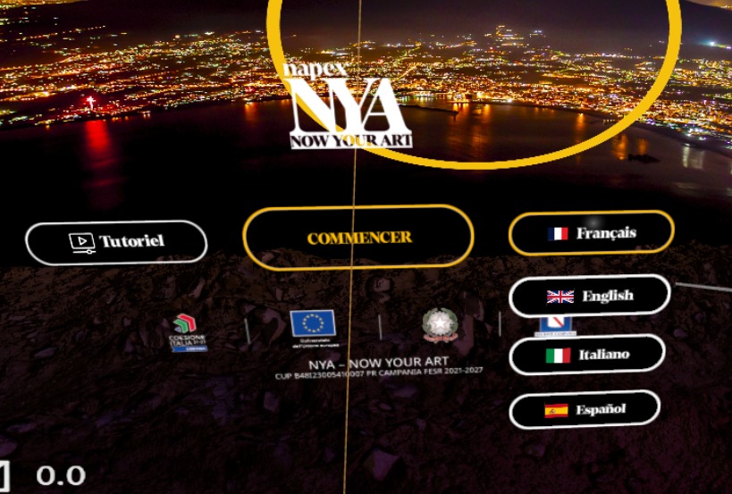NAPEX NYA WebXR start screen with multilingual options and Naples at night