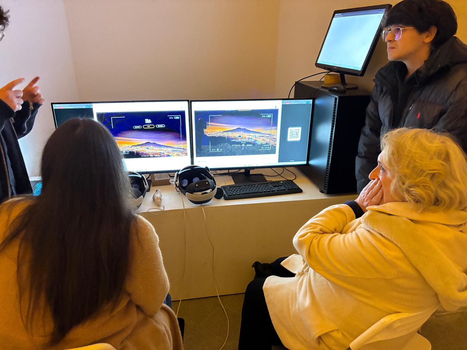 On-site testing setup with Meta Quest 3 headsets and visitors around the NYA experience